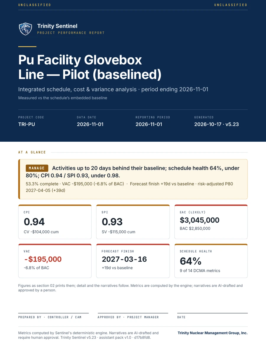Page 1 of a Trinity Sentinel Project Report: a navy cover with the project name, data date, reporting period and build, then At a glance — a MANAGE verdict and six tiles for CPI, SPI, EAC, VAC, forecast finish and schedule health — above the signature block